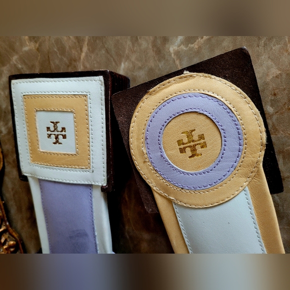 Tory Burch Marquetry Nappa Leather/Suede Mules Slides Abstract Tan/Peachy US 9 - Picture 14 of 16